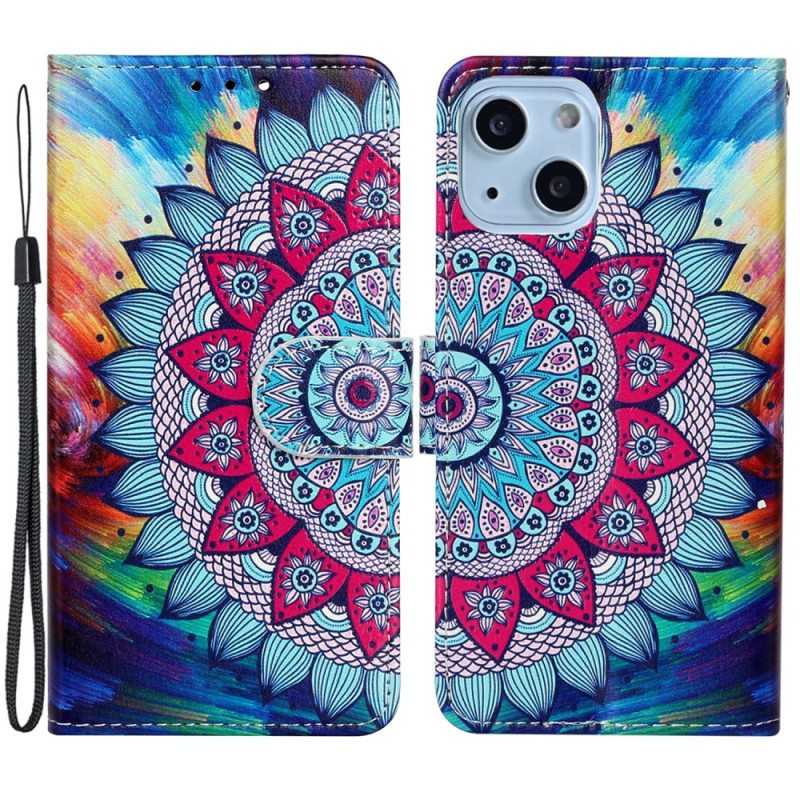 Kotelot iPhone 15 Plus Suojaketju Kuori Värikäs Mandala Hihnalla