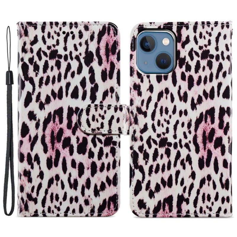 Nahkakotelo iPhone 15 Plus Suojaketju Kuori Leopard-ihoefekti Hihnalla