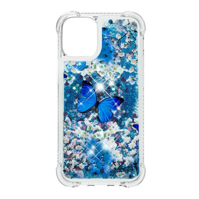 Kuori iPhone 13 Pro Max Glitter Blue Perhoset