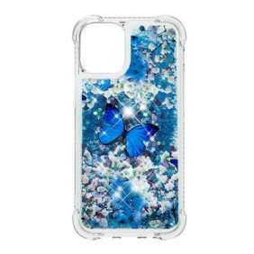 Kuori iPhone 13 Pro Max Glitter Blue Perhoset