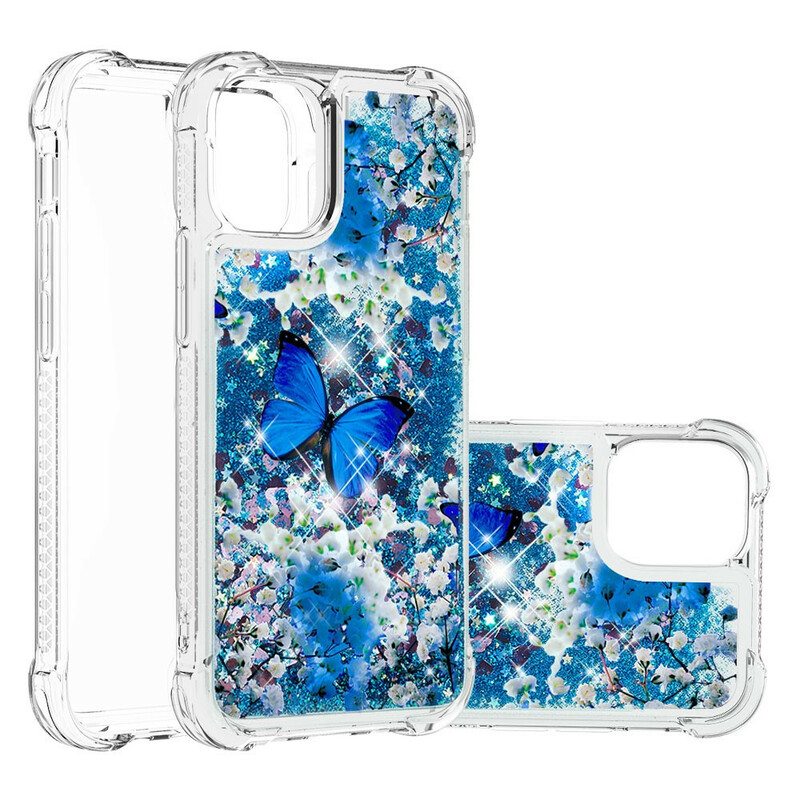 Kuori iPhone 13 Pro Max Glitter Blue Perhoset