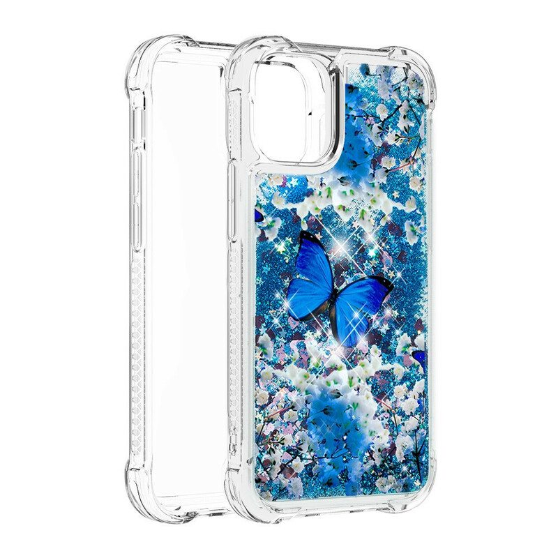 Kuori iPhone 13 Pro Max Glitter Blue Perhoset