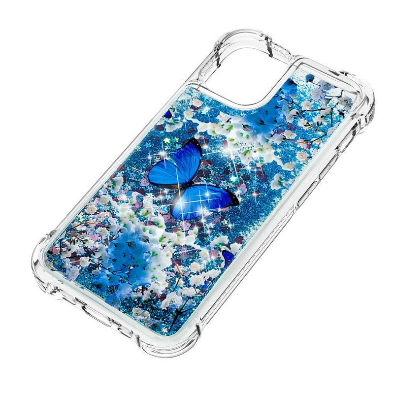 Kuori iPhone 13 Pro Max Glitter Blue Perhoset