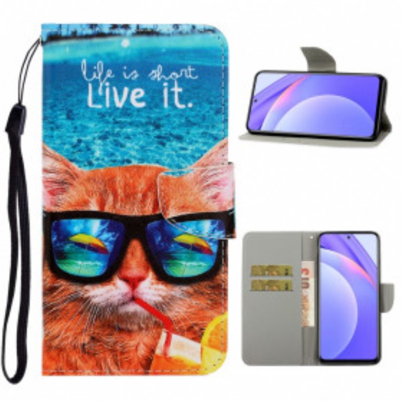 Nahkakotelo Xiaomi Redmi Note 9 Pro 5G Suojaketju Kuori Cat Live It Strappy