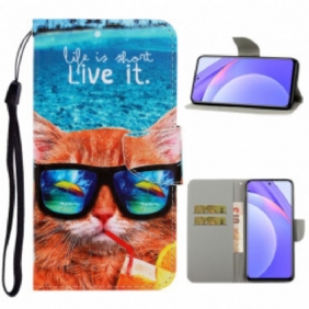 Nahkakotelo Xiaomi Redmi Note 9 Pro 5G Suojaketju Kuori Cat Live It Strappy