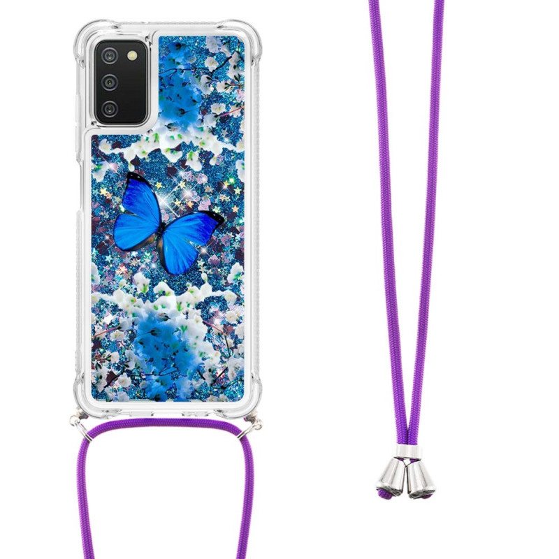 Case Samsung Galaxy A03s Kiristysnyörillä Kiristysnyöri Paljettiperhosia