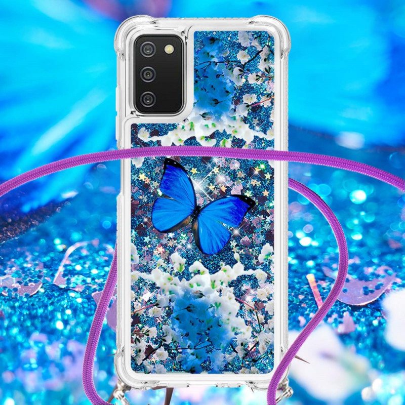 Case Samsung Galaxy A03s Kiristysnyörillä Kiristysnyöri Paljettiperhosia