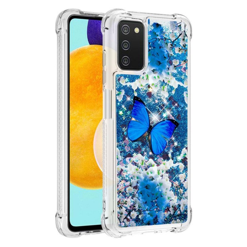 Kuori Samsung Galaxy A03s Glitter Blue Perhoset