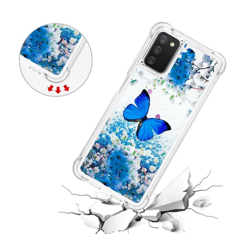 Kuori Samsung Galaxy A03s Glitter Blue Perhoset