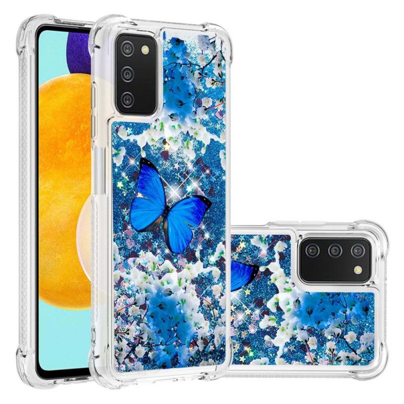 Kuori Samsung Galaxy A03s Glitter Blue Perhoset