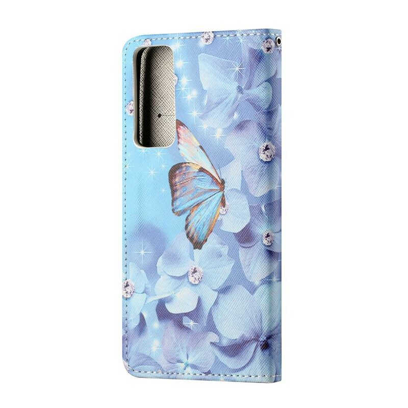 Flip Case Huawei P Smart 2021 Suojaketju Kuori Strappy Diamond Perhoset