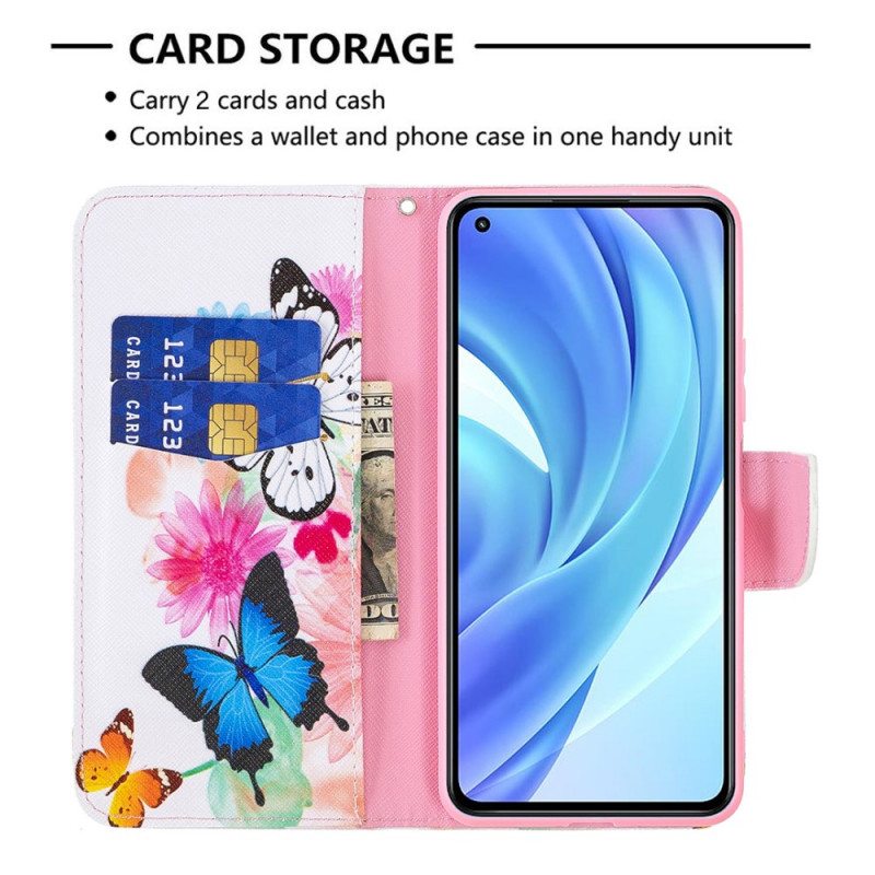 Flip Case Xiaomi Mi 11 Lite 4G / 5G / 5G NE Maalattuja Perhosia Ja Kukkia