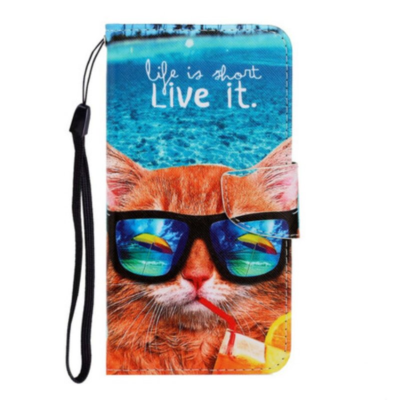 Nahkakotelo Xiaomi Redmi Note 9 Suojaketju Kuori Cat Live It Strappy