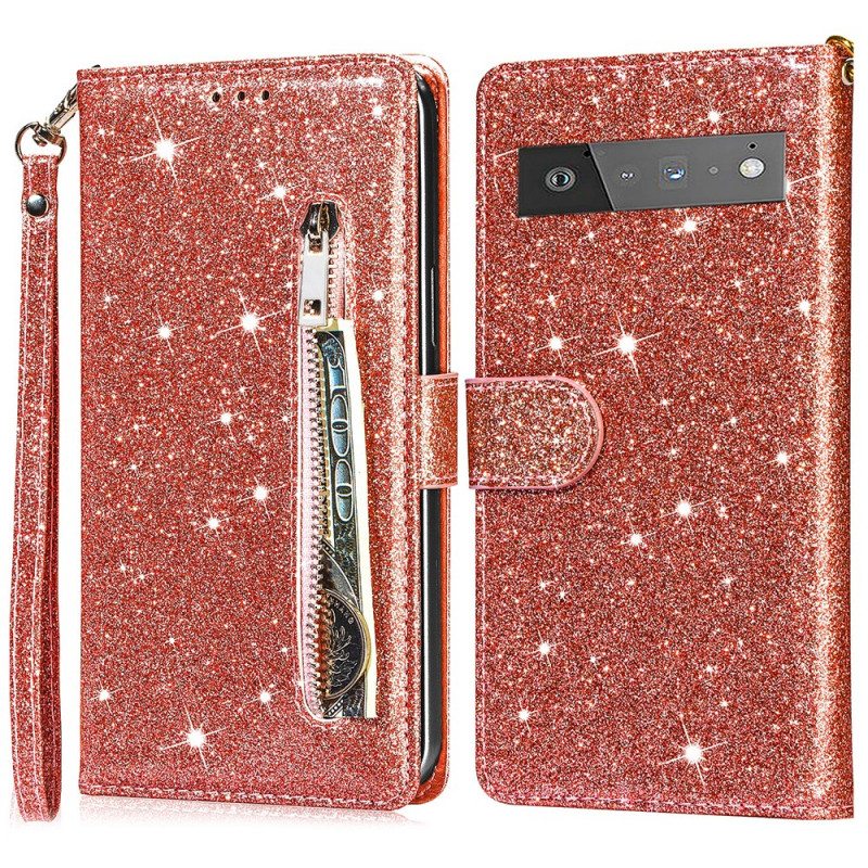 Flip Case Google Pixel 6 Pro Glitter Kolikkopussi