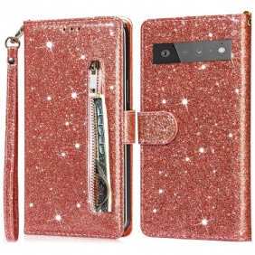 Flip Case Google Pixel 6 Pro Glitter Kolikkopussi