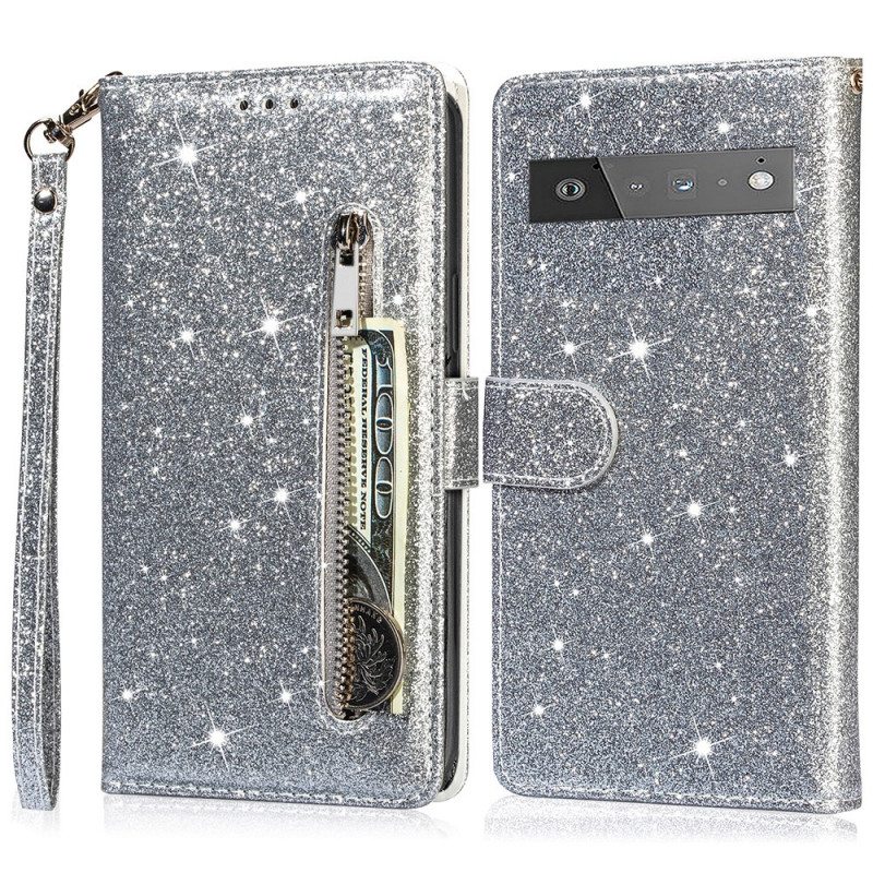 Flip Case Google Pixel 6 Pro Glitter Kolikkopussi