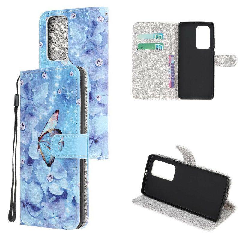 Flip Case Huawei P40 Suojaketju Kuori Strappy Diamond Perhoset