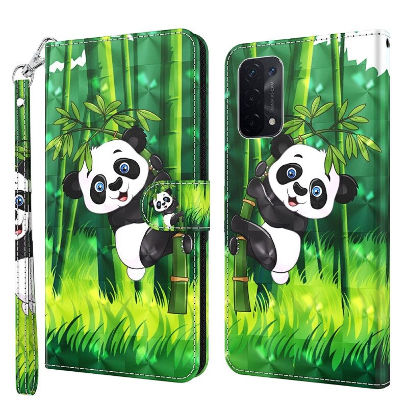 Kotelot Oppo A54 5G / A74 5G Suojaketju Kuori Panda Ja Bambu Kaulanauhalla