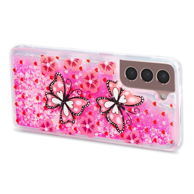 Kuori Samsung Galaxy S24 Plus 5g Red Butterflies Liquid Glitter Suojakuori