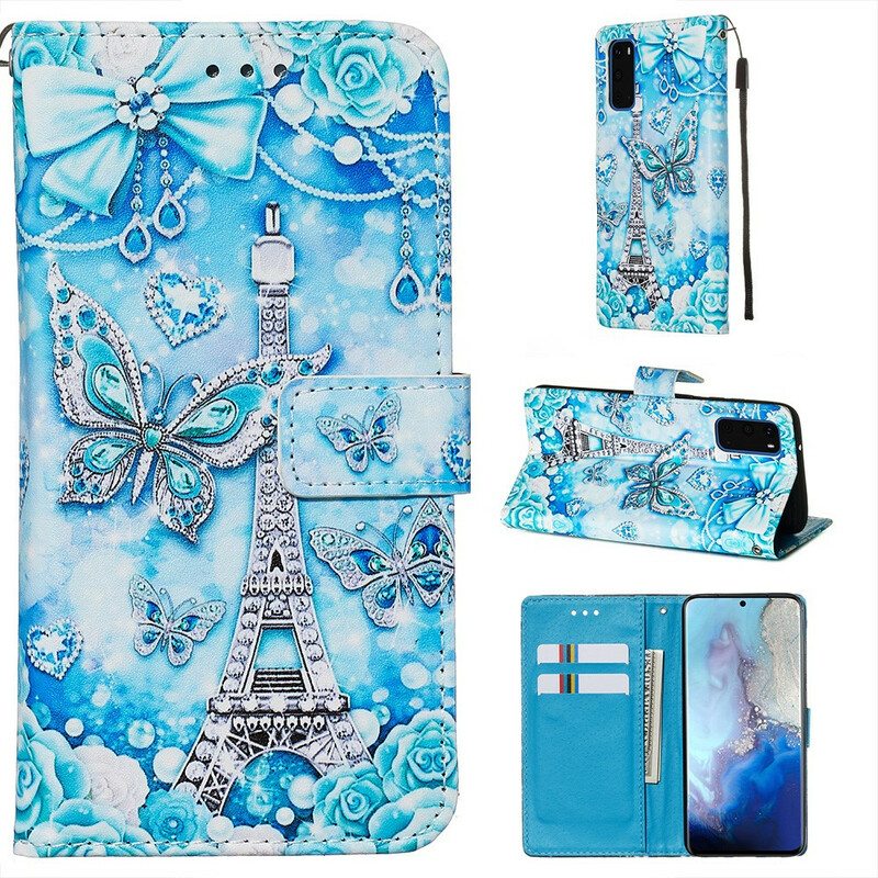 Nahkakotelo Samsung Galaxy S20 Suojaketju Kuori Eiffel-tornin Perhoshihna