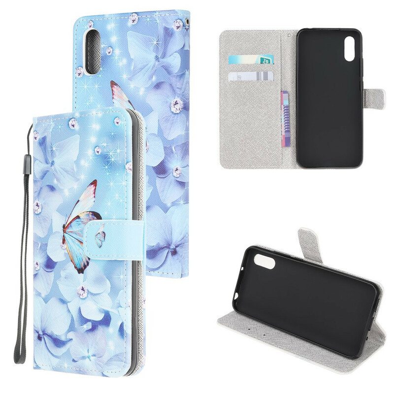 Flip Case Xiaomi Redmi 9A Suojaketju Kuori Strappy Diamond Perhoset