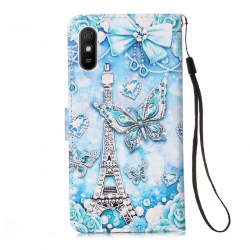 Nahkakotelo Xiaomi Redmi 9A Suojaketju Kuori Eiffel-tornin Perhoshihna