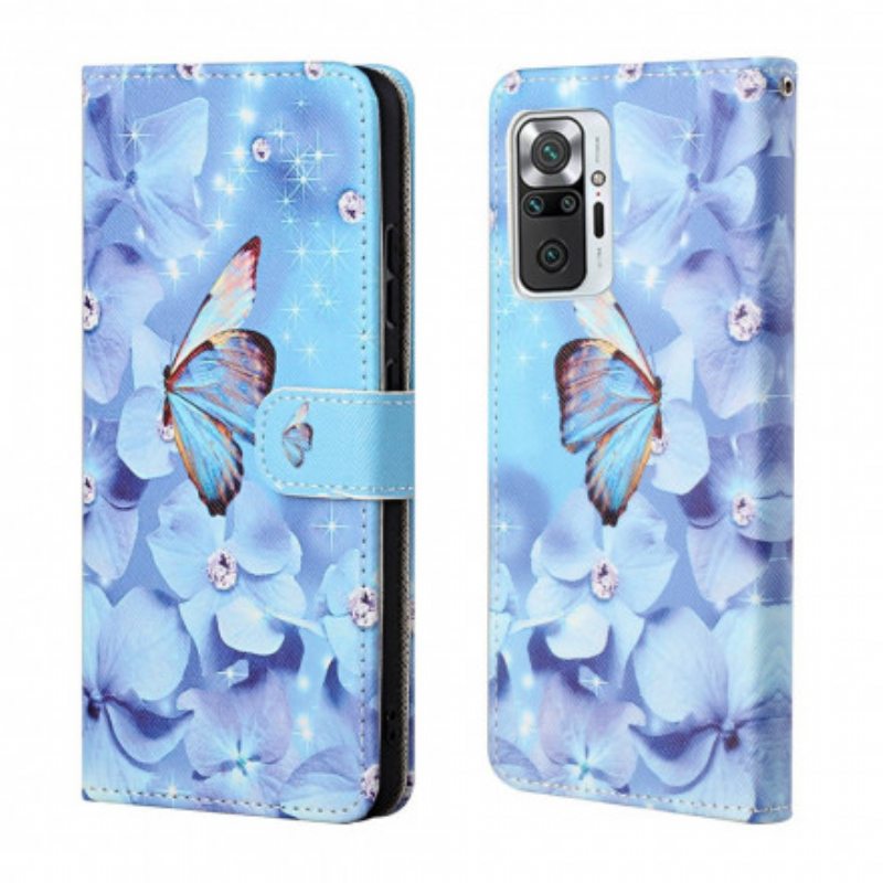 Flip Case Xiaomi Redmi Note 10 Pro Suojaketju Kuori Strappy Diamond Perhoset