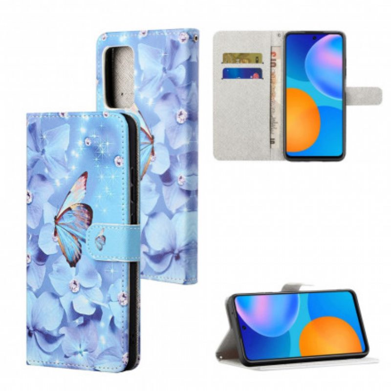 Flip Case Xiaomi Redmi Note 10 Pro Suojaketju Kuori Strappy Diamond Perhoset