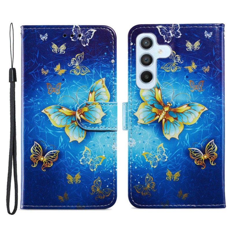 Flip Case Samsung Galaxy A34 5G Suojaketju Kuori Kultaiset Perhoset Hihnalla