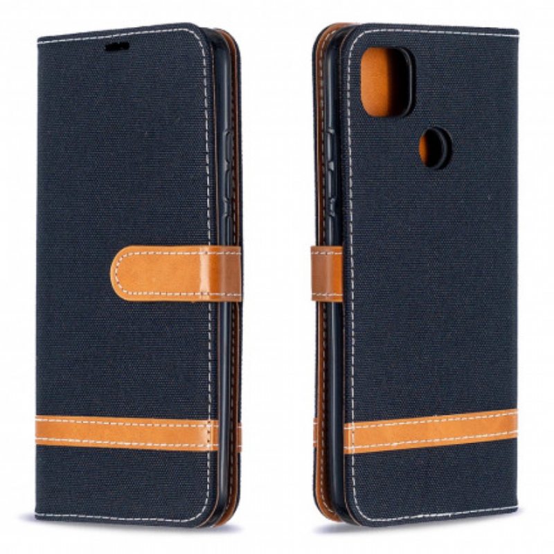 Flip Case Xiaomi Redmi 9C Suojaketju Kuori Kangas- Ja Nahkaefektihihna