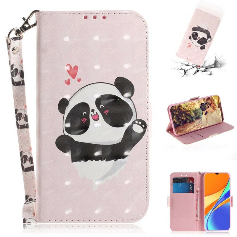 Nahkakotelo Xiaomi Redmi 9C Suojaketju Kuori Panda Love With Lanyard