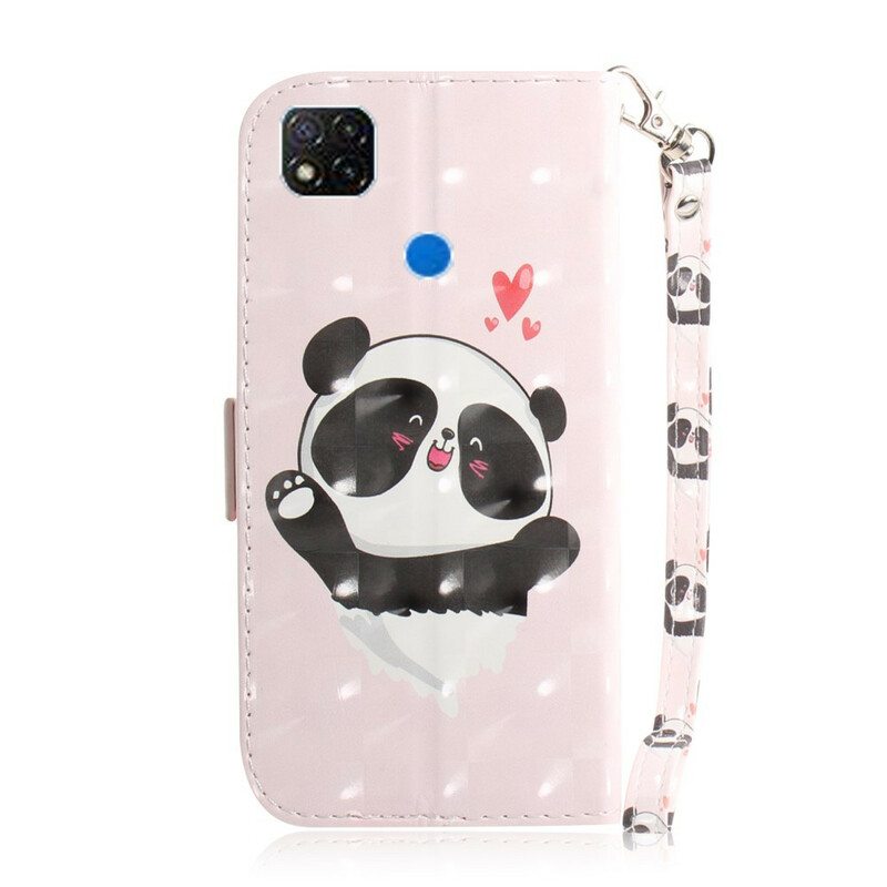 Nahkakotelo Xiaomi Redmi 9C Suojaketju Kuori Panda Love With Lanyard