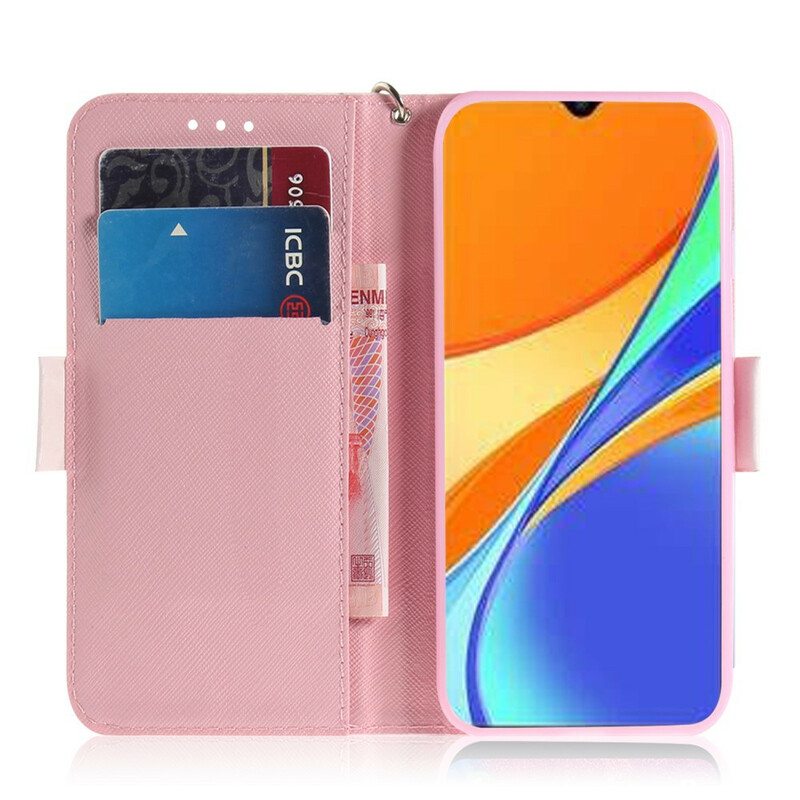 Nahkakotelo Xiaomi Redmi 9C Suojaketju Kuori Panda Love With Lanyard