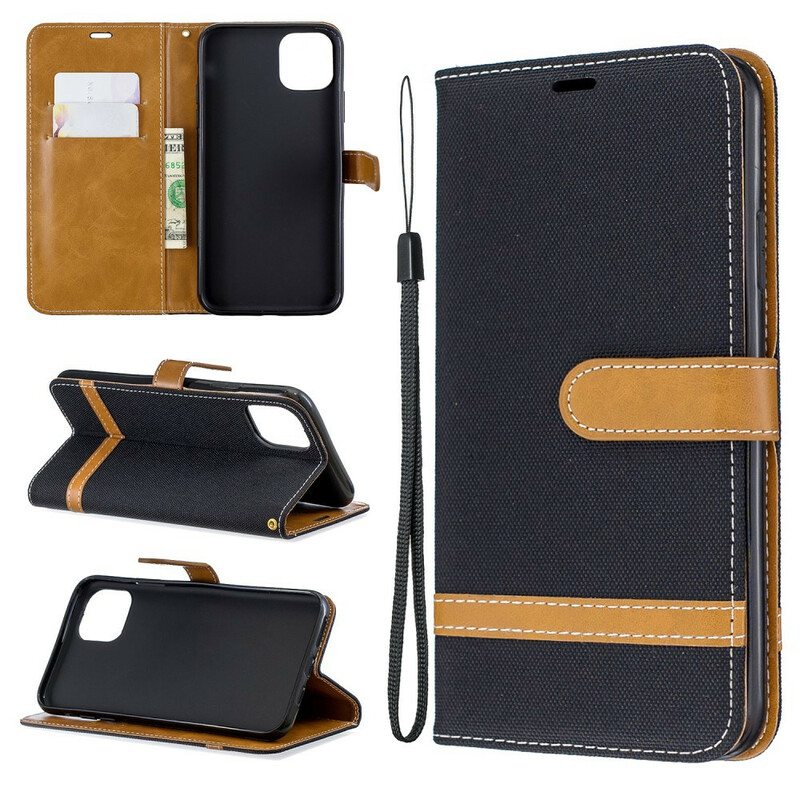 Flip Case iPhone 11 Pro Max Suojaketju Kuori Kangas- Ja Nahkaefektihihna