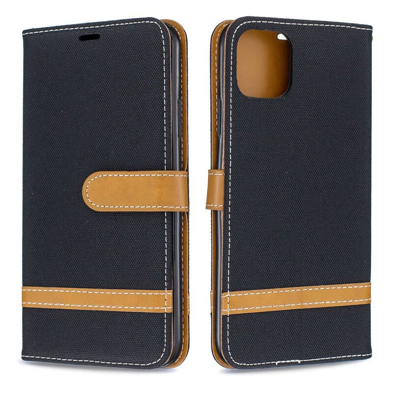 Flip Case iPhone 11 Pro Max Suojaketju Kuori Kangas- Ja Nahkaefektihihna