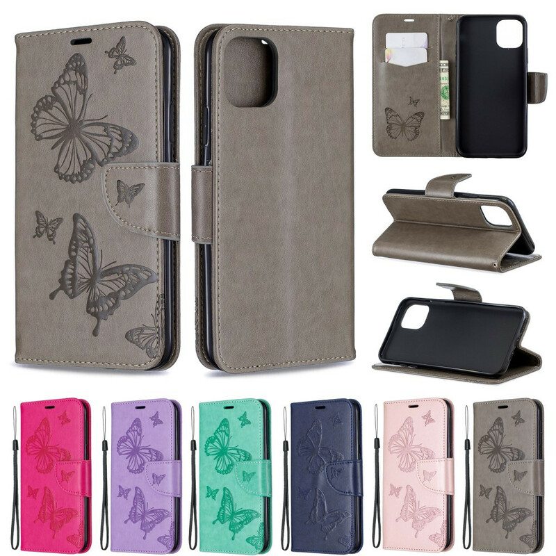 Flip Case iPhone 11 Pro Max Suojaketju Kuori Perhosille Painettu Olkahihna