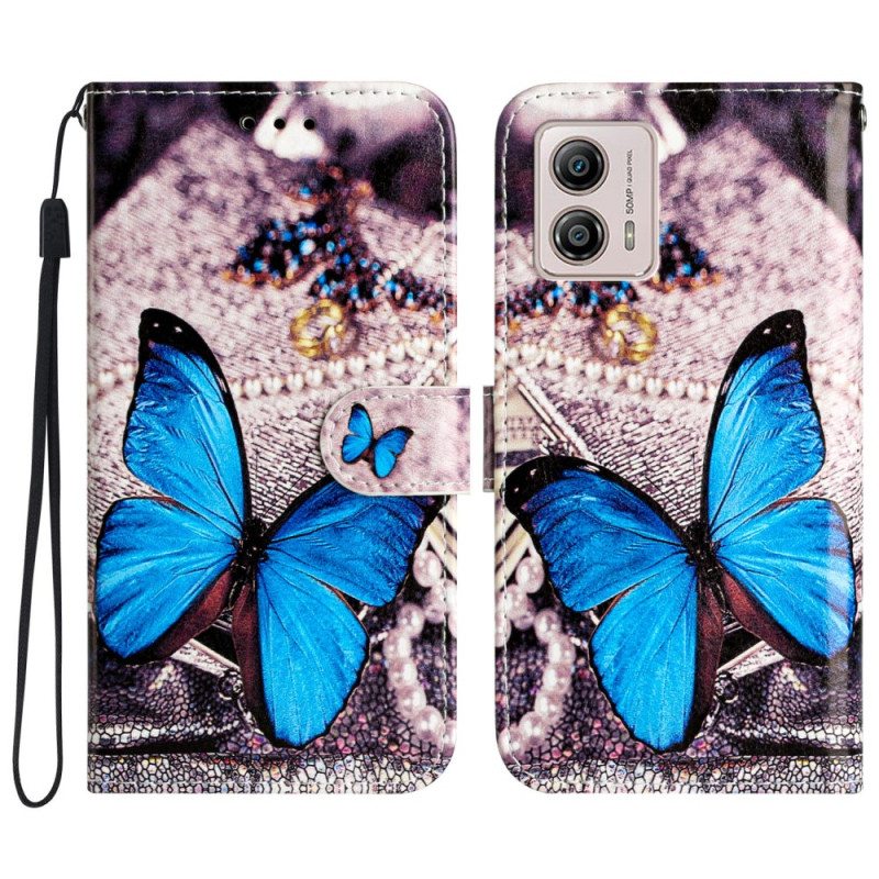 Kotelot Moto G73 5G Suojaketju Kuori Precious Blue Butterfly Hihnalla