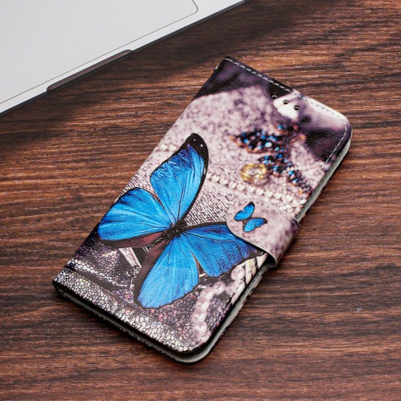 Kotelot Moto G73 5G Suojaketju Kuori Precious Blue Butterfly Hihnalla