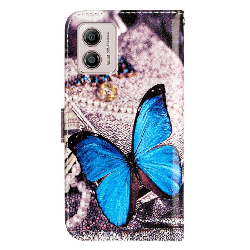 Kotelot Moto G73 5G Suojaketju Kuori Precious Blue Butterfly Hihnalla