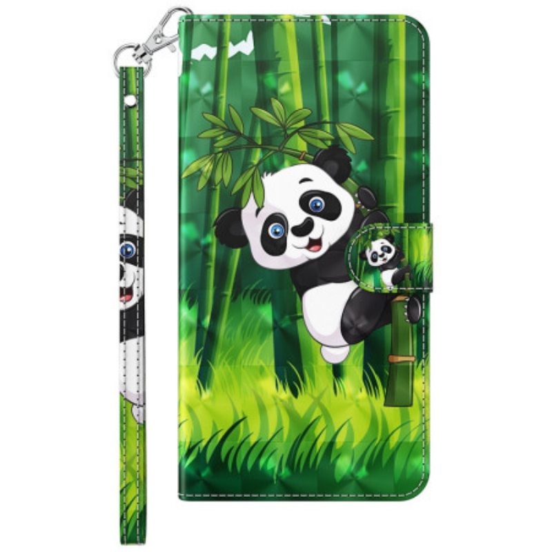 Nahkakotelo Samsung Galaxy M13 Panda Ja Bambu Kaulanauhalla