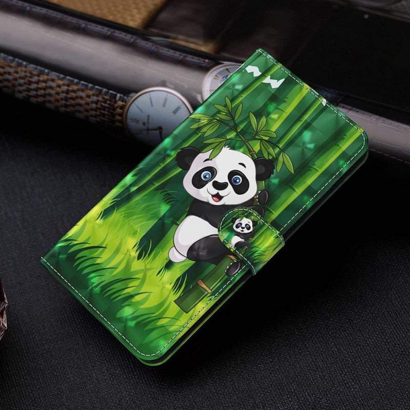 Nahkakotelo Samsung Galaxy M13 Panda Ja Bambu Kaulanauhalla