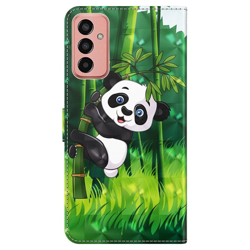 Nahkakotelo Samsung Galaxy M13 Panda Ja Bambu Kaulanauhalla