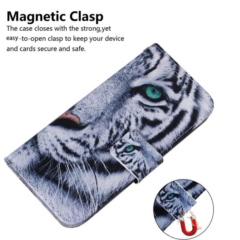 Nahkakotelo Samsung Galaxy A54 5G Suojaketju Kuori Strappy White Tiger