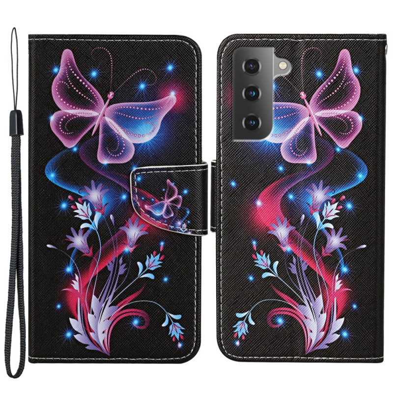 Flip Case Samsung Galaxy S22 Plus 5G Perhosia Ja Kaulanauhaa