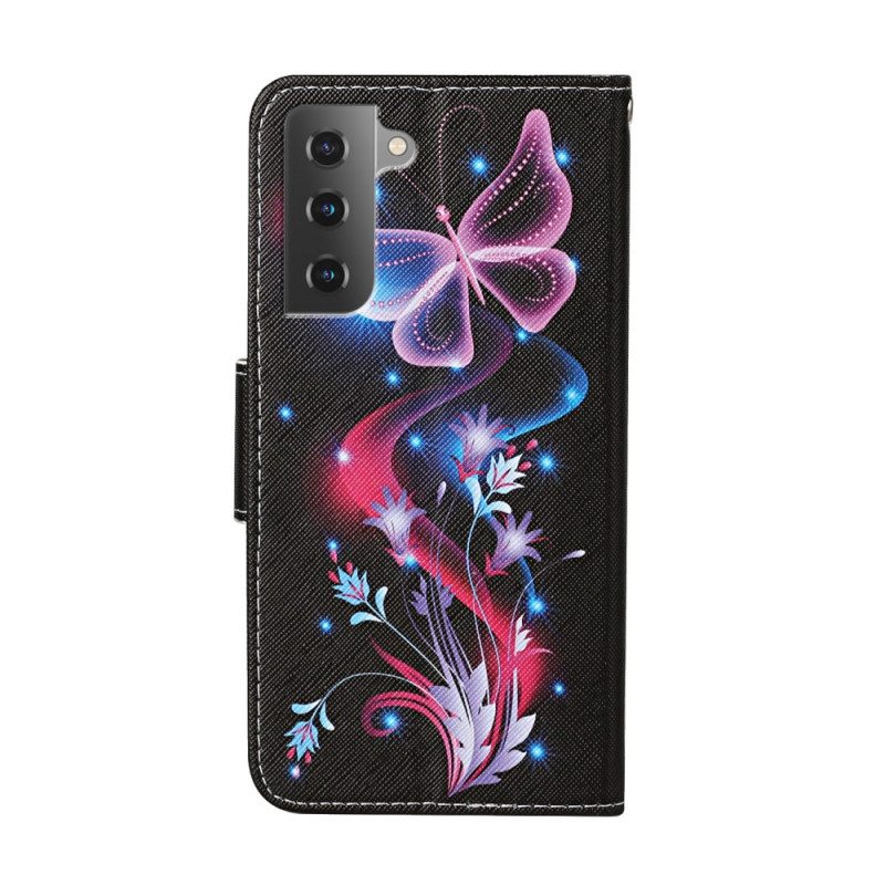 Flip Case Samsung Galaxy S22 Plus 5G Perhosia Ja Kaulanauhaa