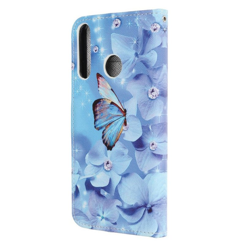 Nahkakotelo Huawei P40 Lite E Suojaketju Kuori Strappy Diamond Perhoset