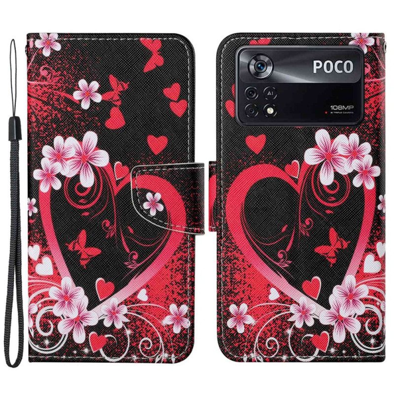 Flip Case Poco X4 Pro 5G Suojaketju Kuori Strappy Heart