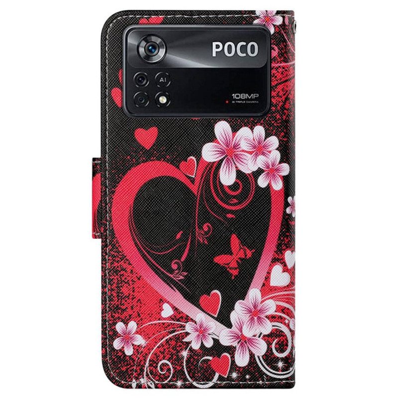 Flip Case Poco X4 Pro 5G Suojaketju Kuori Strappy Heart