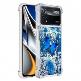 Kuori Poco X4 Pro 5G Glitter Blue Perhoset