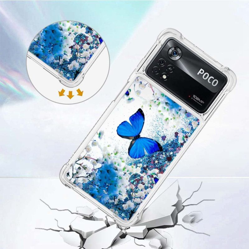 Kuori Poco X4 Pro 5G Glitter Blue Perhoset